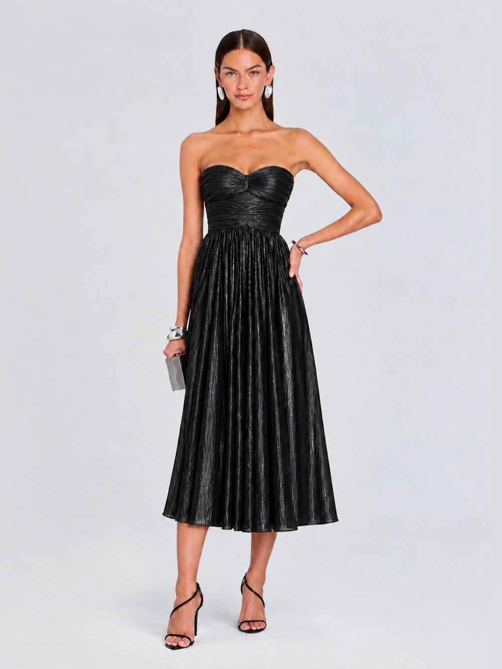 RETROFÊTE One-of-a-Kind Sample Black Metallic Strapless Midi Dress